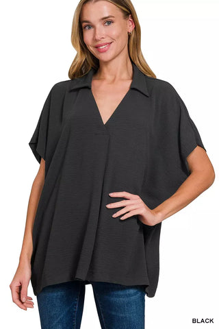 Zenana Woven Airflow Collared Short Sleeve Top tops Zenana Woven Airflow Collared Short Sleeve Top | The Frosted Leopard