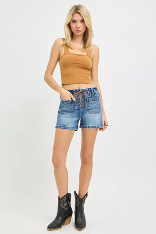 RISEN High Rise Front Tie Up Shorts with Patch Pockets shorts RISEN High Rise Front Tie Up Shorts with Patch Pockets