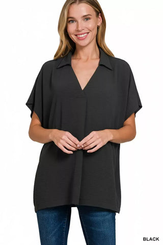 Zenana Woven Airflow Collared Short Sleeve Top tops Zenana Woven Airflow Collared Short Sleeve Top | The Frosted Leopard