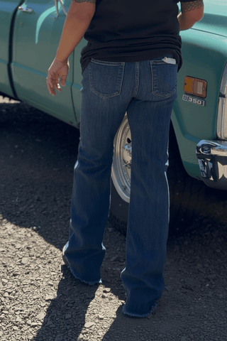 RISEN Mid Rise Bootcut Jeans Frayed Waistband & Hem pants RISEN Mid Rise Bootcut Frayed Waistband & Hem | The Frosted Leopard