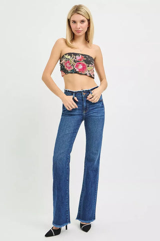 RISEN Mid Rise Bootcut Jeans Frayed Waistband & Hem pants RISEN Mid Rise Bootcut Frayed Waistband & Hem | The Frosted Leopard
